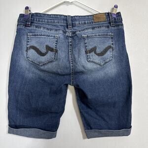 Bermuda Jean Shorts Cuffed Thick Stitch Embroidery Dark Wash Festival YMI 13 Y2k